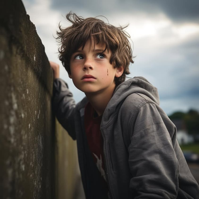 **photo of 12 year old boy looking over a wall…