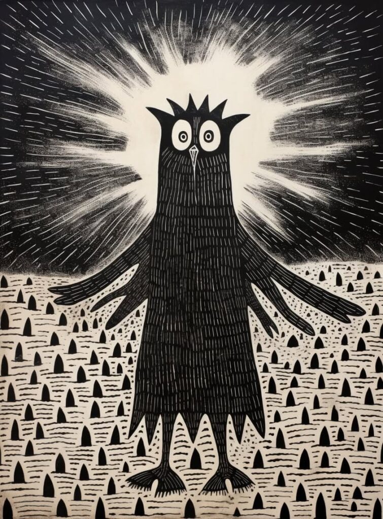 **a black and white drawing of a monster in the…