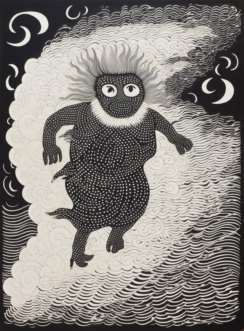 **a black and white drawing of a monster in the…