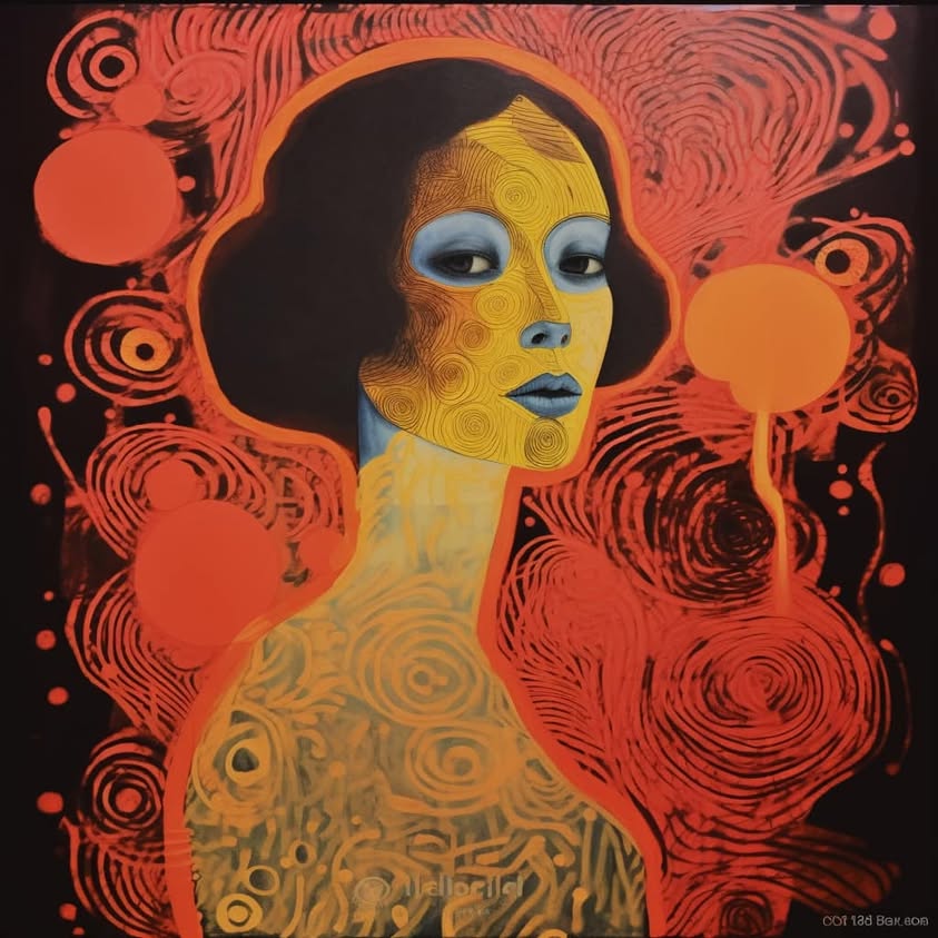 Work draw influence from Gustav Klimt, Gauguin and Alfons Mucha.