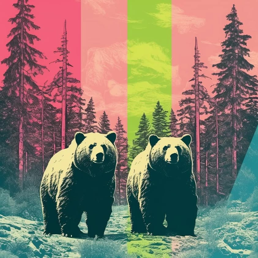 Wilderness Royalty MJ prompt: ** stencil print, Minimalist, big bears,…