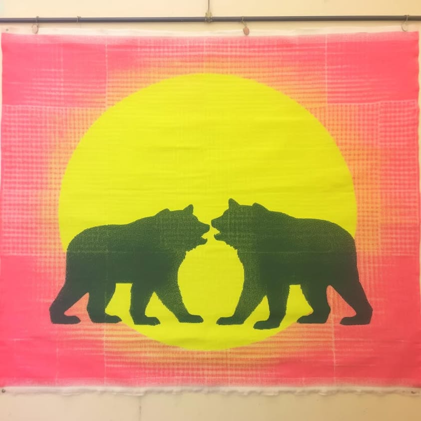 Wilderness Royalty MJ prompt: ** stencil print, Minimalist, big bears,…