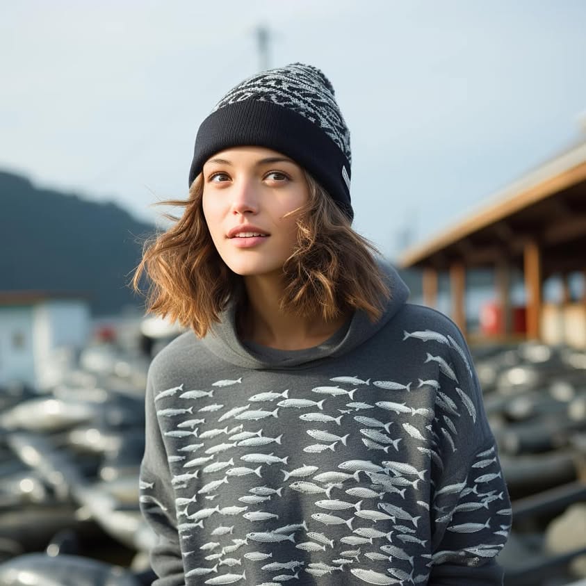 Prompt: **stunning woman wearing beanie and charcoal hoodie in front…