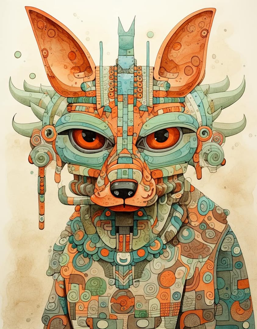 Prompt **mayan painting depicting an ancient maya animal, light orange…