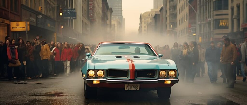 Prompt: **pontiac trans in the middle of a blurred people…