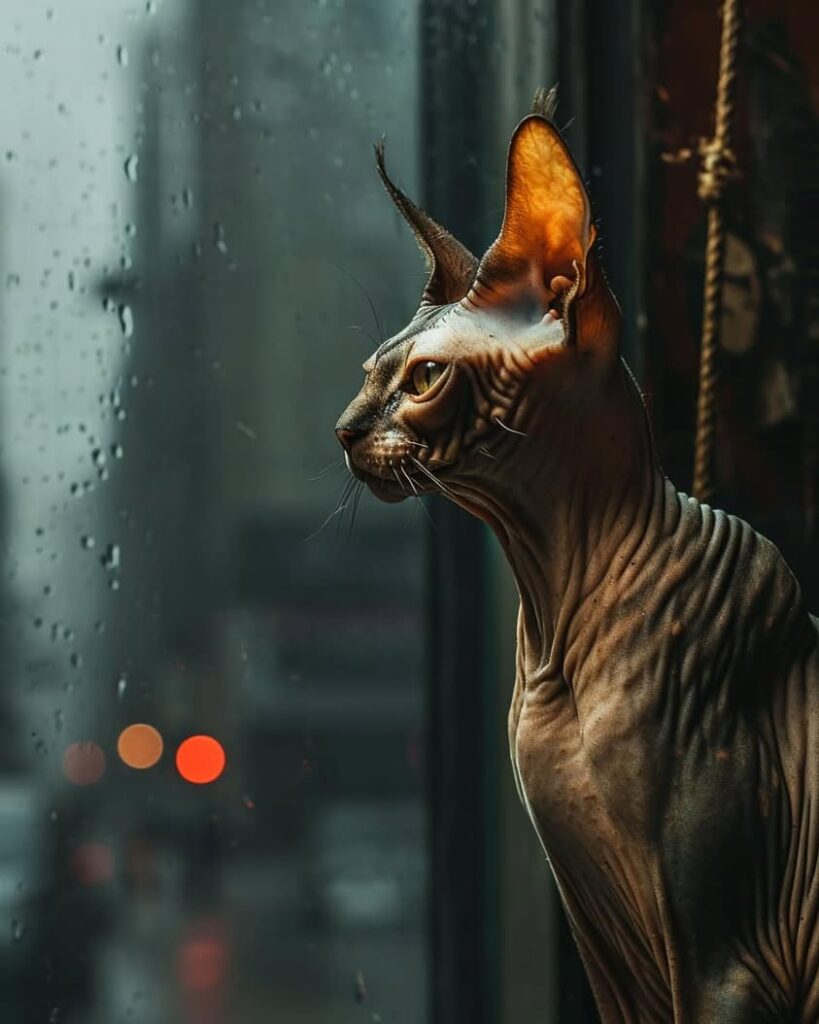 Note the contrast and texture. The cat, lack of fur,…