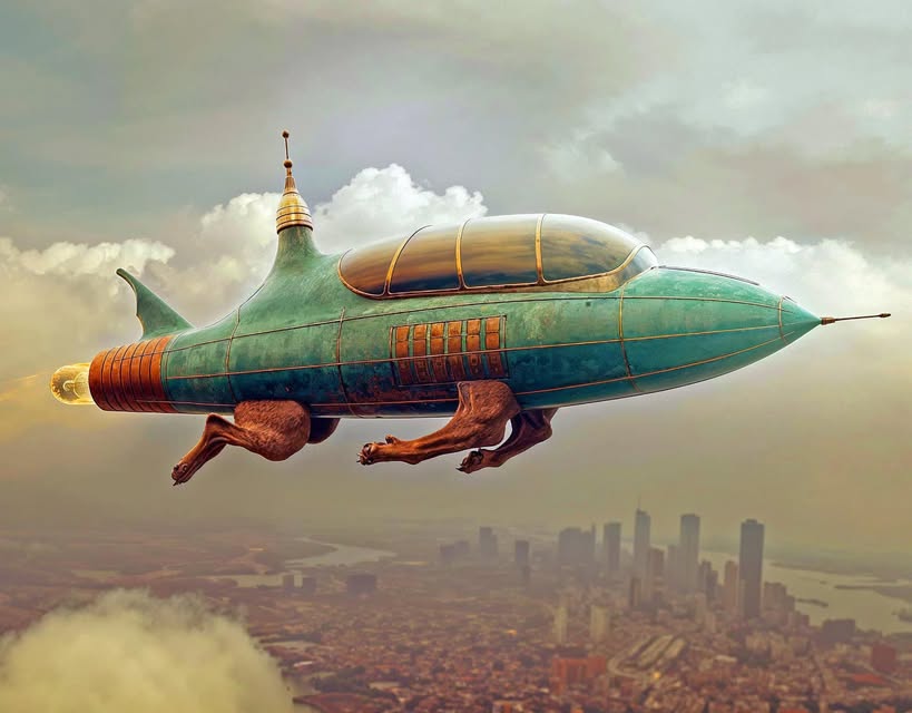 Jet-fueled dreams, paws off the ground, Steel hound, skyward bound,…